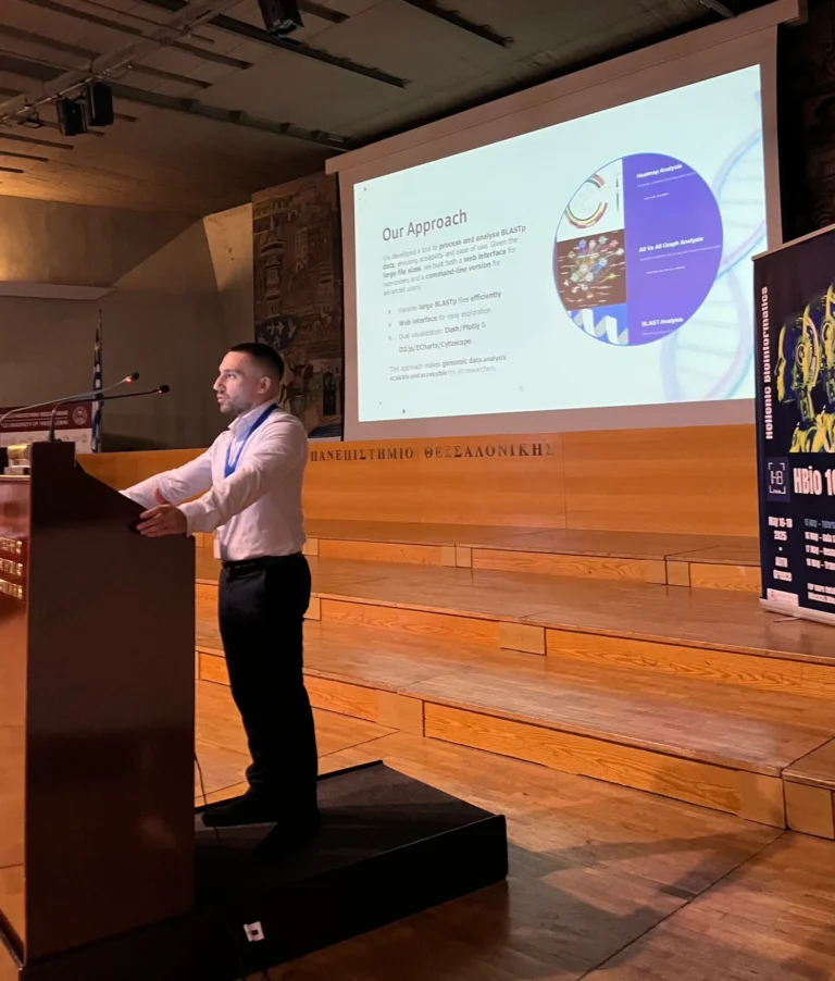 Vasileios Savvas Papagrigoriou presenting PhyloFlask at HBio 2025.