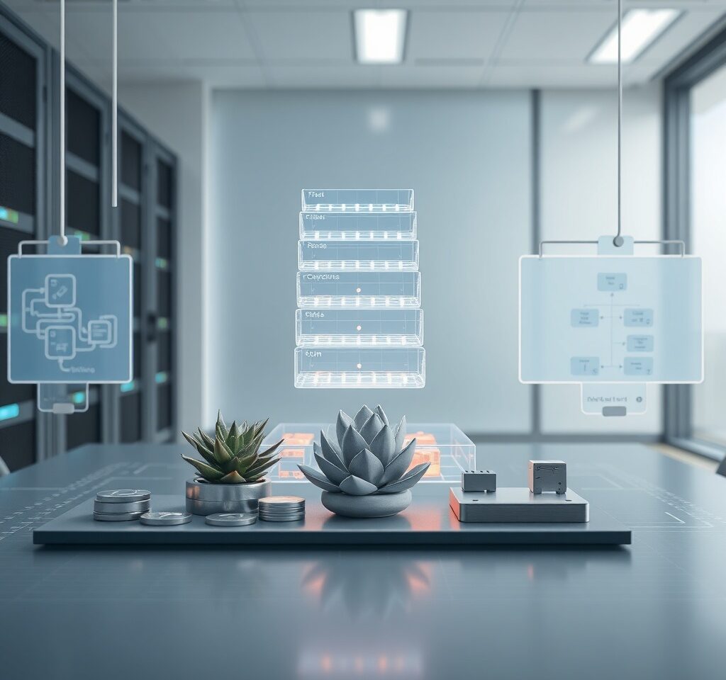 A holographic model of software architecture floats above a glass table, surrounded by tokens and rotating diagrams in a serene setting.