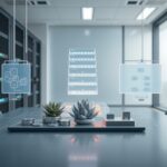 A holographic model of software architecture floats above a glass table, surrounded by tokens and rotating diagrams in a serene setting.