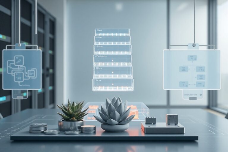 A holographic model of software architecture floats above a glass table, surrounded by tokens and rotating diagrams in a serene setting.