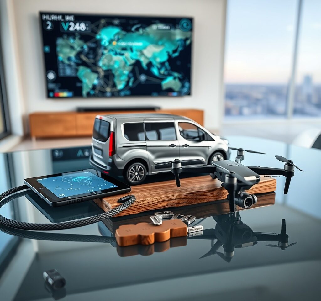 Scale electric van model and telematics tablet on glass table, showcasing AI trends in mobility and fleet management 2026.