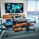 Scale electric van model and telematics tablet on glass table, showcasing AI trends in mobility and fleet management 2026.