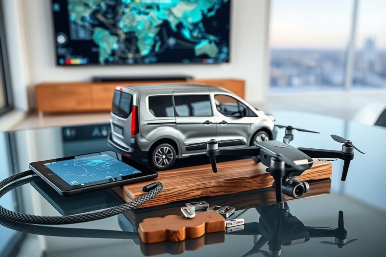 Scale electric van model and telematics tablet on glass table, showcasing AI trends in mobility and fleet management 2026.