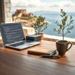 A brushed-aluminum laptop with code sits on an oak table, overlooking the Aegean, embodying custom software ροδος.