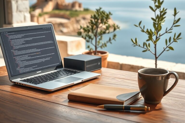 A brushed-aluminum laptop with code sits on an oak table, overlooking the Aegean, embodying custom software ροδος.